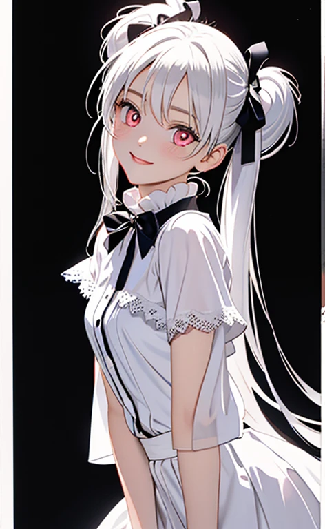(Photorealistic:1.4)、asuna,(masterpiece、lens flare:1.5、spot light:1.2、Exquisite beautiful eyeonochrome:1.5,portlate、)、Cute Face、 3D Face、(pearl white hair:1.5、Straight Hair)、(twintails),(1 Girl)、(Red eyes:1.2)、(cowboy shot)、(fingersmile),()、 (Cute face:1.2),(small breasts),(),kind face,(white lace frilled shirt),(black background:1.5)、(glowing eyes:1.3)、()、 Neat and clean、Adorable、Slim Body(Tareme:1.5),Shiny Hair、(Glowing pink Skin)、Nijisketch,Manga,zydG