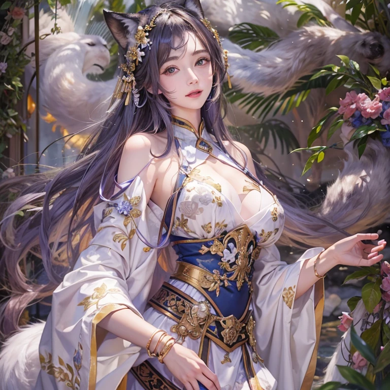 Hiding in an ancient shrine、Hair flow、 ((highest quality、masterpiece、8k、Best image quality、Ultra-high resolution、Award-winning works)、(Accurate anatomy:1.1)、(Look at me and smile:1.1)、Shining fair skin with Ultra-high resolution、The most detailed face、Ultra-high resolution detailed face、Ultra-high resolutionの髪の毛、(Ultra-high resolutionの煌めく瞳:1.1)、Beautiful face drawn in every detail、(Blurred Background:1.1)、Ancient maiden costume, Chest to chest, tattoo、Other than white fox