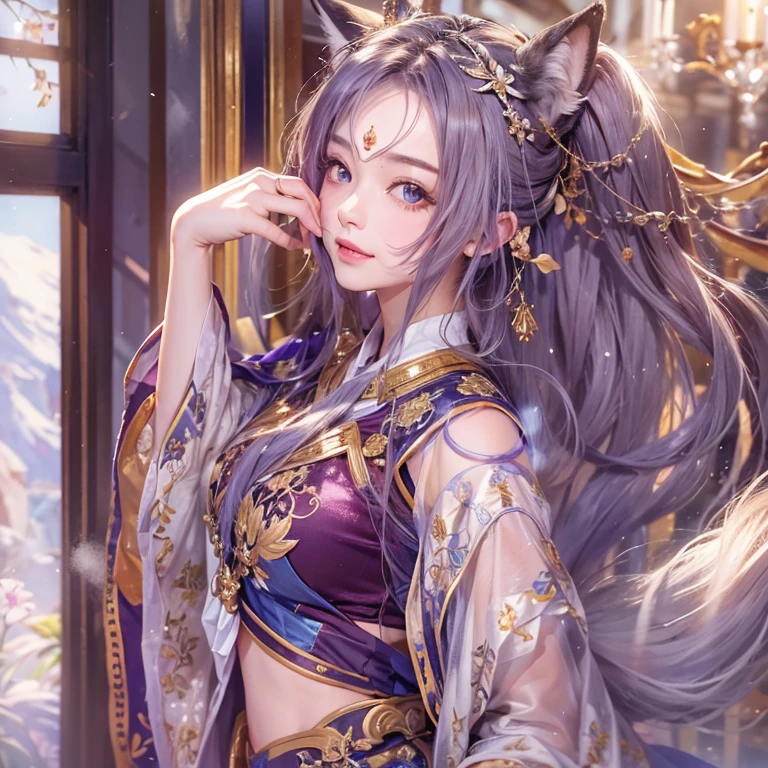 Hiding in an ancient shrine、Hair flow、 ((highest quality、masterpiece、8k、Best image quality、Ultra-high resolution、Award-winning works)、(Accurate anatomy:1.1)、(Look at me and smile:1.1)、Shining fair skin with Ultra-high resolution、The most detailed face、Ultra-high resolution detailed face、Ultra-high resolutionの髪の毛、(Ultra-high resolutionの煌めく瞳:1.1)、Beautiful face drawn in every detail、(Blurred Background:1.1)、Ancient maiden costume, Chest to chest, tattoo、Other than white fox