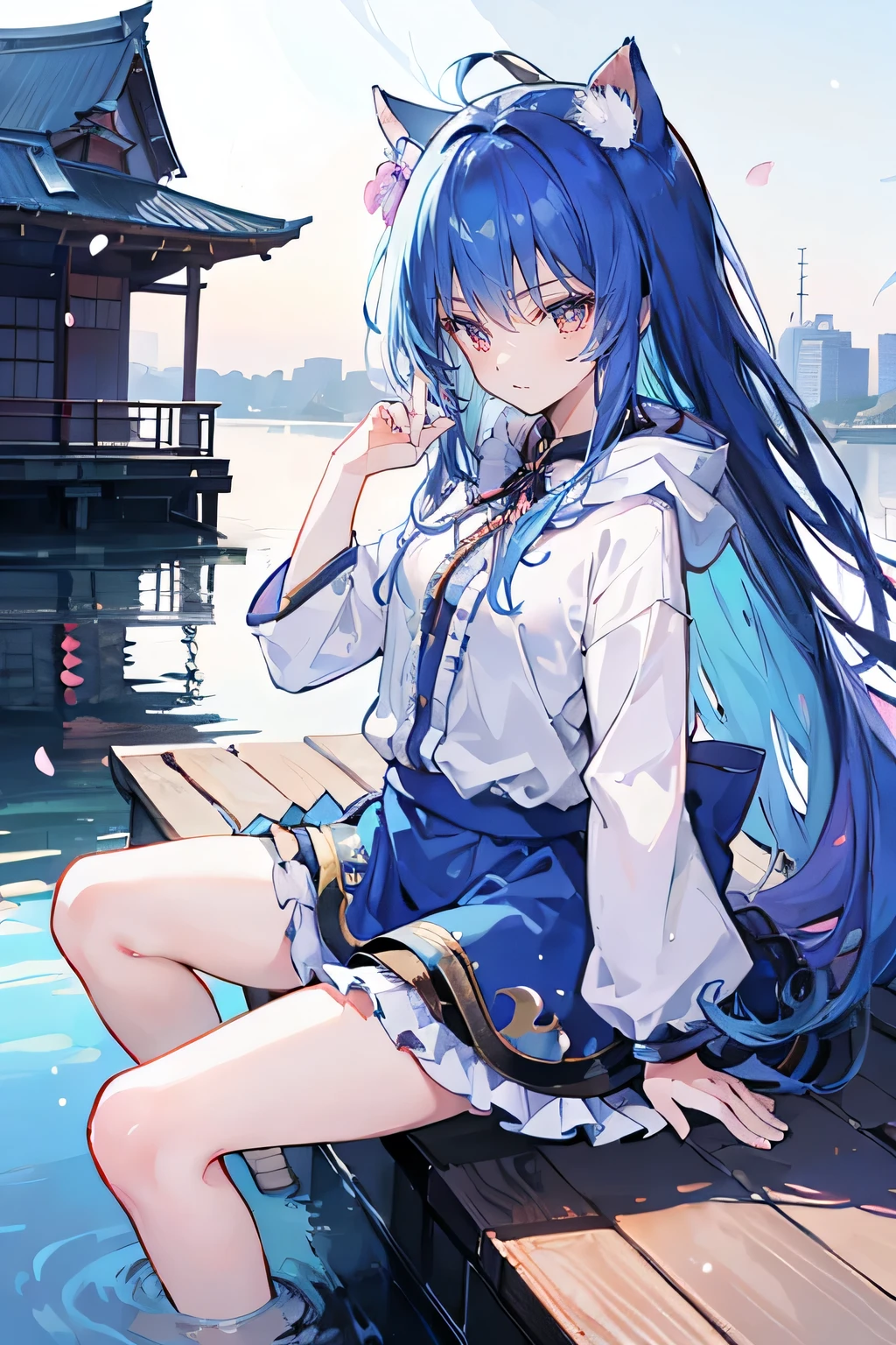 （masterpiece：1.2），Super detailed，lifelike，Expressive eyes，fair skin，perfect face shape，1 girl，
Japanese comics,Gorgeous blue hair,flowing blue hair,flowing clothes,Cat ears,Petals fall,beautiful lola,Baby Angel,
Shaking head with one hand，Cross your legs，Gentle and peaceful background，The pavilion is cool and comfortable,smile, wearing hoodie, background of tokyo,back views,snowing, winter,lie on the water,cold expression.