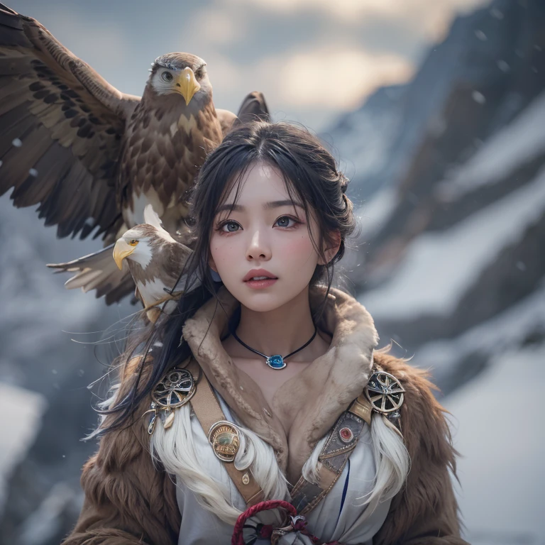 Hiding in the snowy mountains、Hair flow、 ((highest quality、masterpiece、8k、Best image quality、Ultra-high resolution、Award-winning works)、(Accurate anatomy:1.1)、(Look at me and smile:1.1)、Shining fair skin with Ultra-high resolution、The most detailed face、Ultra-high resolution detailed face、Ultra-high resolutionの髪の毛、(Ultra-high resolutionの煌めく瞳:1.1)、Beautiful face drawn in every detail、(Blurred Background:1.1)、Ancient Inuit clothing, Chest to chest, tattoo, Old ruins in the background、Apart from the real giant eagle