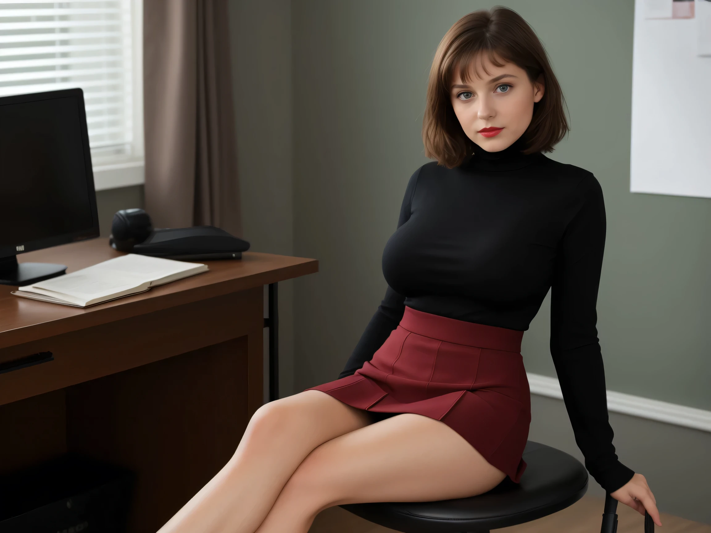 (((high definition))) beautiful 10 year old French girl, green eyes, red lipstick, facing the viewer, short dark brown hair, sitting at her desk, dressed in short skirt, business attire, huge breasts, black turtleneck t-shirt, black shoes