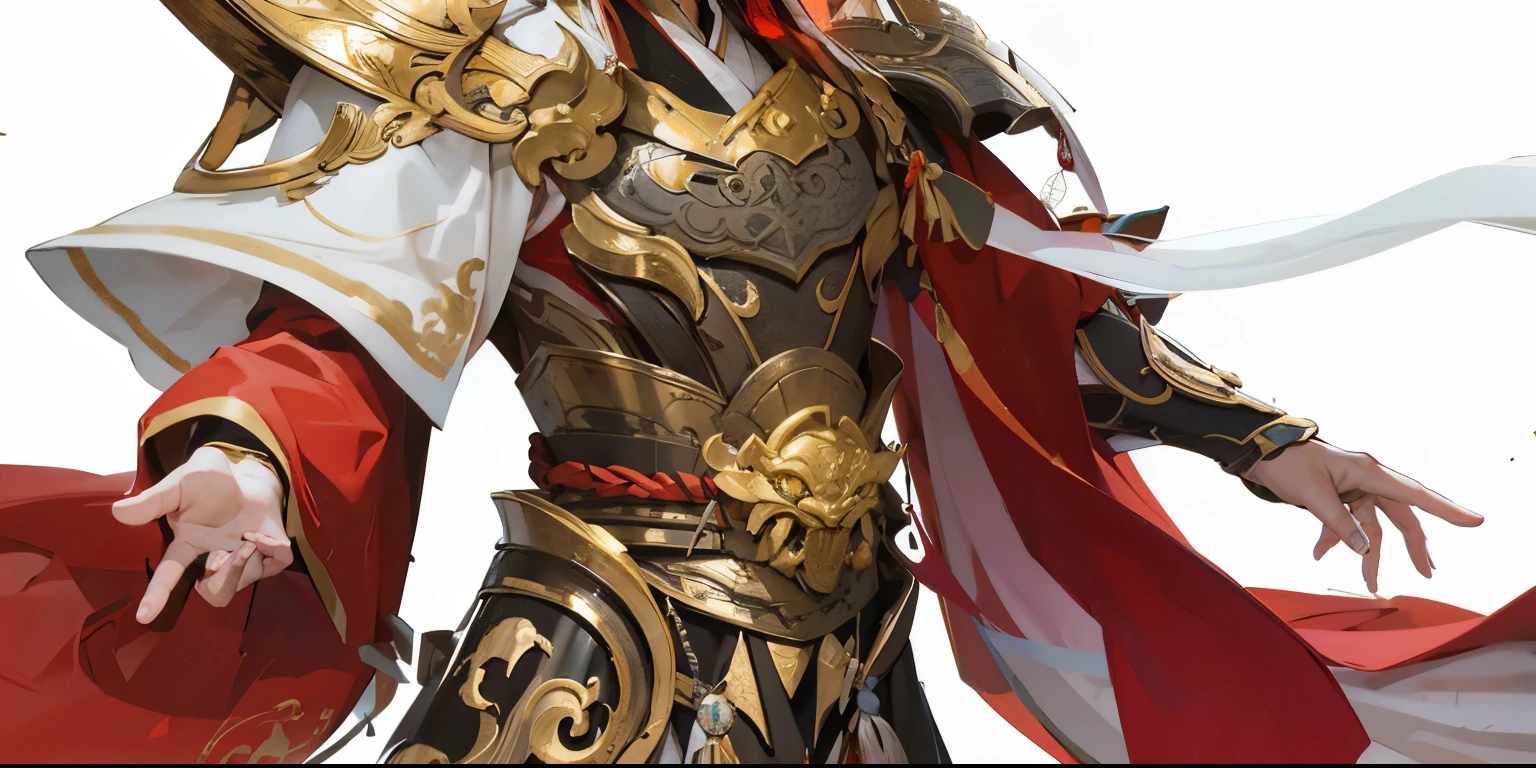 high quality, Li Jing，Meticulous portrayal，Clear structure，Tota，Upper body Chinese armor，With streamers and robes，长袍Li Jing，Beast head，Golden Armor，