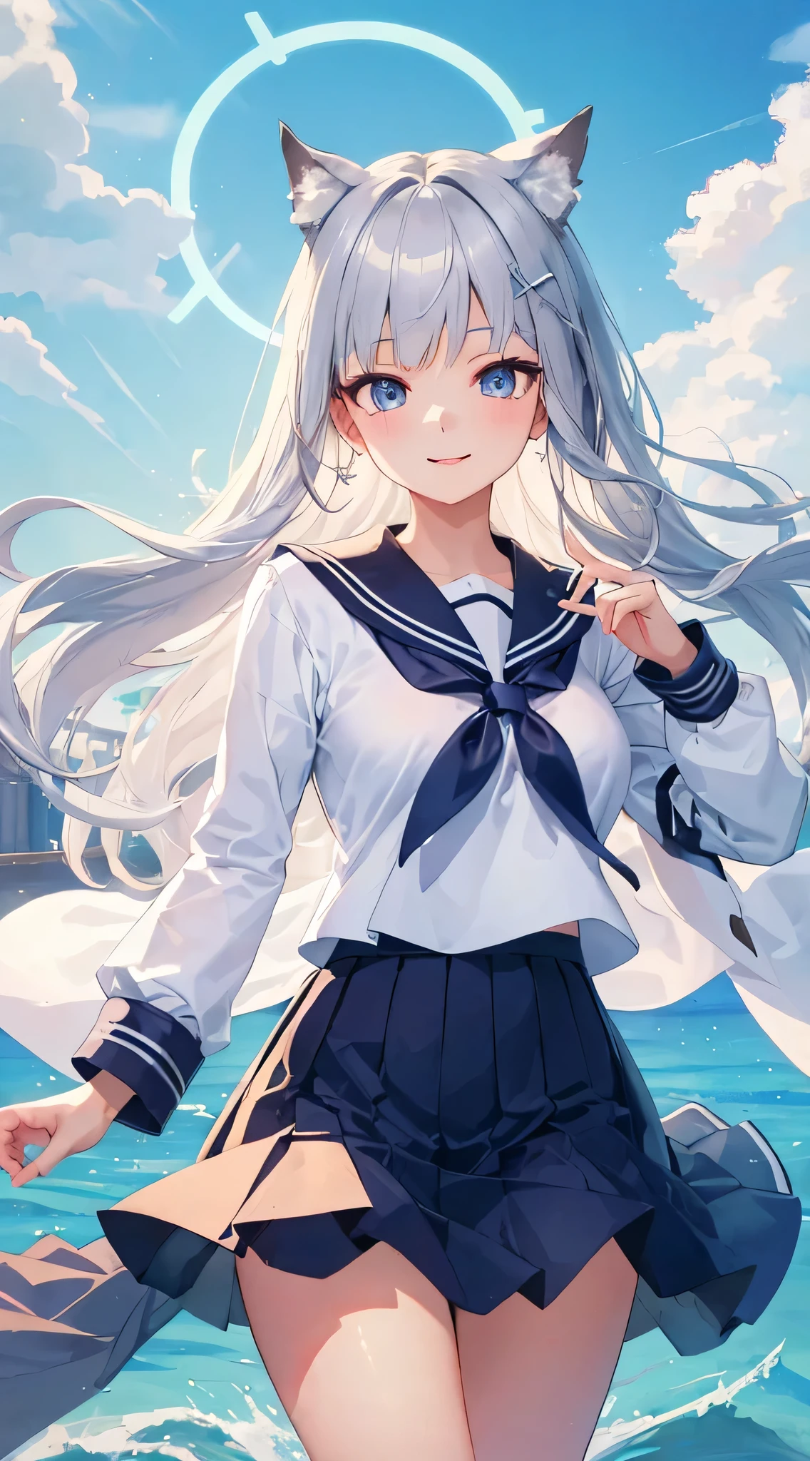 (highest quality, masterpiece),(One girl), Beautiful face with attention to detail, Long Hair, French Braid, Cat ear、Long Hair、Straight Hair、Fluttering in the wind、smile、Beautiful, detailed eyes, Sparkling eyes,Cute face、(Medium sized breasts、Slender body)、((serafuku、Sailor suit,zoom))