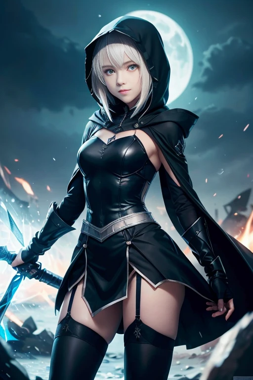 1girl, artoria pendragon \(fate\), black coat, blue legwear, eyebrows visible through hair, full body, garter straps, gloves, hood, hood up, hooded coat, hooded jacket, hoodie, looking at viewer, mysterious heroine x \(alter\) \(fate\), short hair, smile, solo, standing, thighhighs, medieval background, yellow eyes good hands 