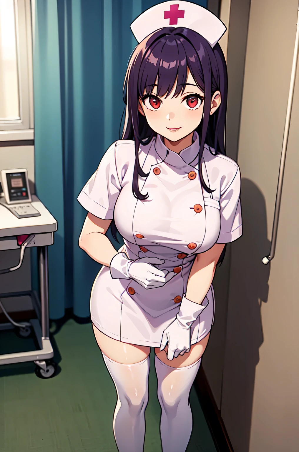 1woman, solo, nurse, white nurse cap, white nurse uniform, ((white legwear, zettai ryouiki)), white gloves, long hair, purple hair, red eyes, pink lips, smile, standing, ((hospital room)), sharp outline, short sleeves, mature female, 35 years old, best quality, masterpiece