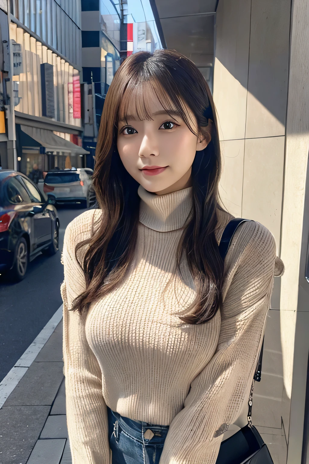 (Colossal tits、Turtleneck knitwear、Shoulder bag)、(top-quality,masterpiece:1.3,超A high resolution,),(ultra-detailliert,Caustics),(Photorealsitic:1.4,RAW shooting,)Ultra-realistic capture,A highly detailed,high-definition16Kfor human skin、 Skin texture is natural、、The skin looks healthy with an even tone、 Use natural light and color,Female in her 30s,japanes,,kawaii,A dark-haired,Middle hair,(depth of fields、chromatic abberation、、Wide range of lighting、Natural Shading、)、(Hair swaying in the wind:1.2)、Streets of Tokyo、 Large Breasts、 Slim Body