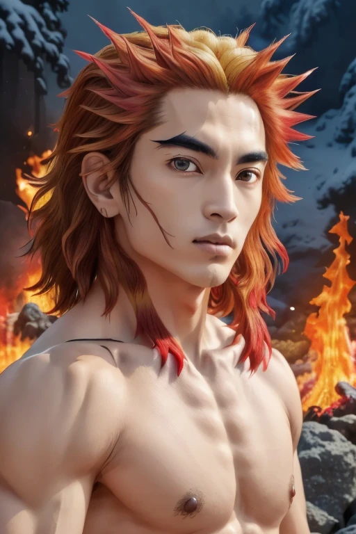 RAW Photos, ((((Extreme beauty portrait))), portrait of rengoku kyoujurou in hell, fire, alone, wallpaper, red, fire山, very, rock, Upper Body, (masterpiece, highest quality, artwork, Line art, Ink Art, detailed, comics:1.0)