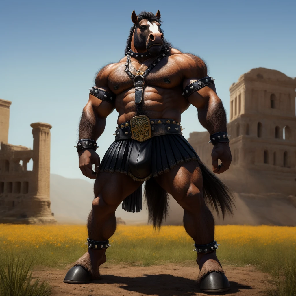 Furry, Antro, anthropomorphic, Solo, Horse, Equinene, loong horse tail, (furry Yellow Ocre), tribal tattoo arm, Male Bulge, Nose Ring, Conk, Ring Noise, Narigon, Noise Piercong, Piercing noise, Big Balls, Big Ass, Wearing a Black Leather Harness, Arnes ?????, Black bicep leather bracelet, Leather Buckle Armband, Gladiator Clothing, Leather fringe skirt, black leather warrior skirt, thread thong, Black Belt, Spiked Collar, Spiked Wristbands, (Leather Bicep Arm Strap), man pendant, Spiked Anklet, Hooves, Hairy, Full Body, Braided Mane, Hairy Torso, Seen Standing, Upright Standing Pose, Blue Pupil Eyes, High Resolution, 4K Detailed, Good Lighting, Beautiful, Blue Sky Background with Green Grass Meadow, black hair, photorealistic, Furry Yellow, Gladiator, Roman