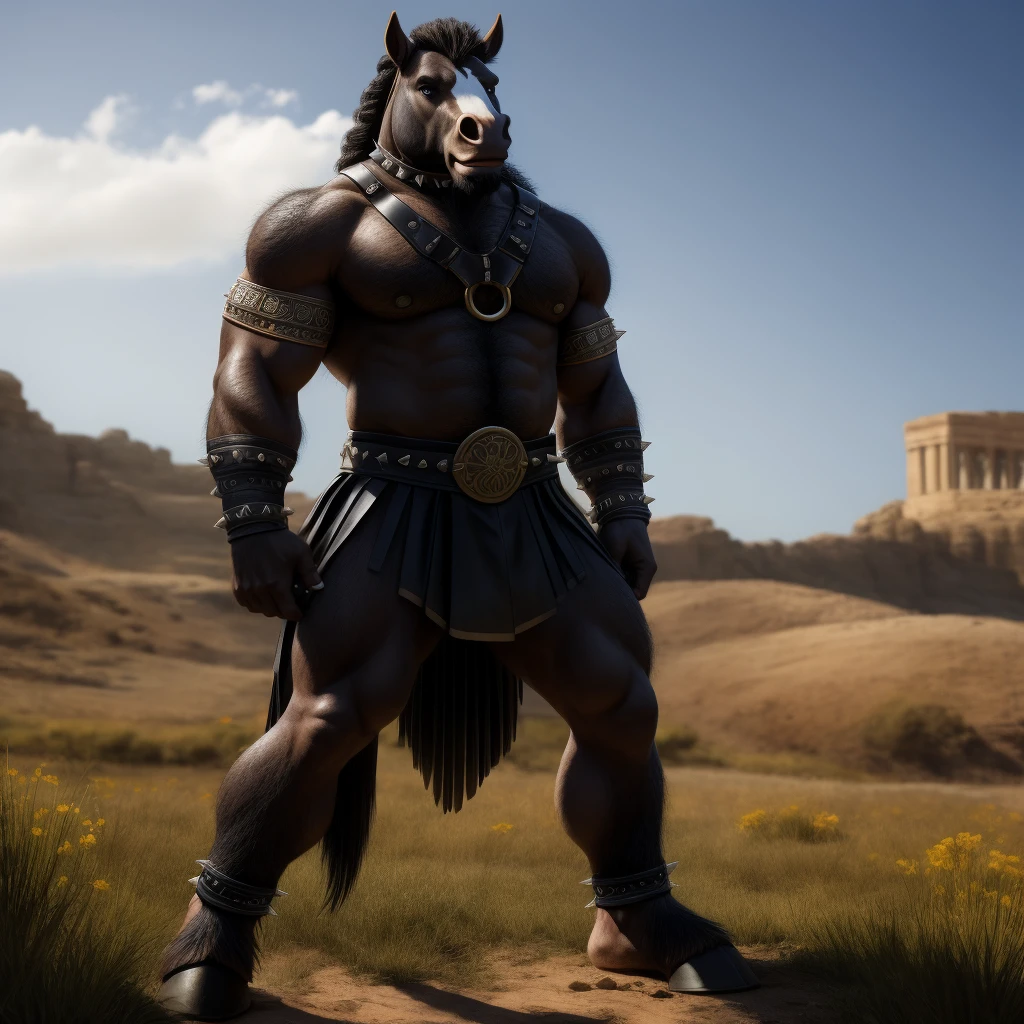 Furry, Antro, anthropomorphic, Solo, Horse, Equinene, loong horse tail, (furry Yellow Ocre), tribal tattoo arm, Male Bulge, Nose Ring, Conk, Ring Noise, Narigon, Noise Piercong, Piercing noise, Big Balls, Big Ass, Wearing a Black Leather Harness, Arnes Negro, Black bicep leather bracelet, Leather Buckle Armband, Gladiator Clothing, Leather fringe skirt, black leather warrior skirt, thread thong, Black Belt, Spiked Collar, Spiked Wristbands, (Leather Bicep Arm Strap), man pendant, Spiked Anklet, Hooves, Hairy, Full Body, Braided Mane, Hairy Torso, Seen Standing, Upright Standing Pose, Blue Pupil Eyes, High Resolution, 4K Detailed, Good Lighting, Beautiful, Blue Sky Background with Green Grass Meadow, black hair, photorealistic, Furry Yellow, Gladiator, Roman