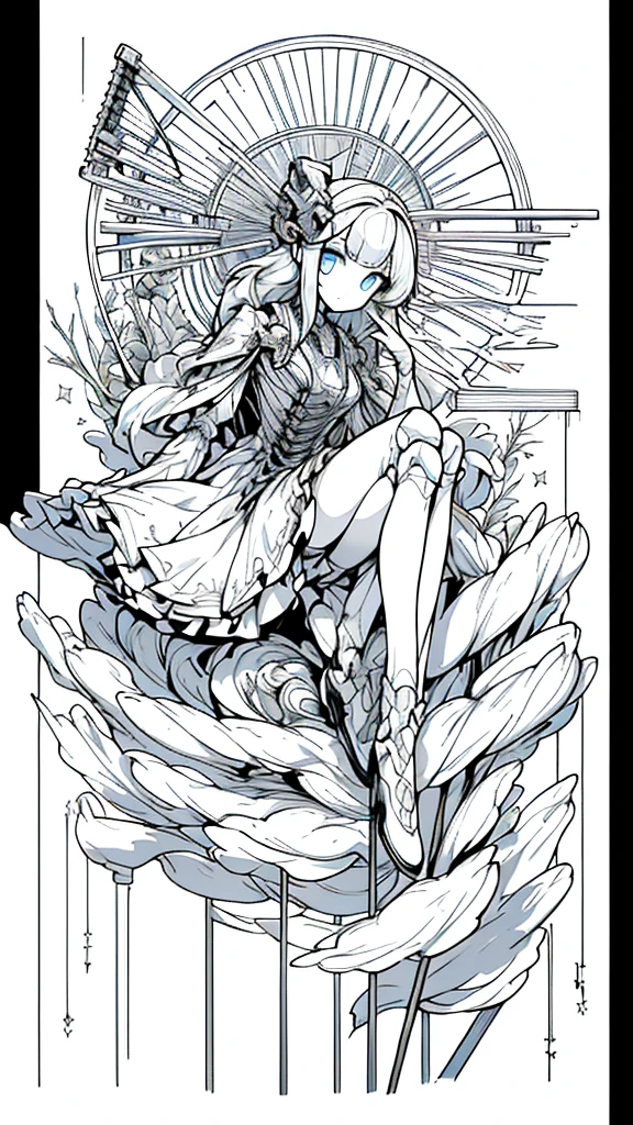 (((masterpiece))), (((best quality))), ((Super detailed)), (Highly detailed CG illustrations), ((extremely delicate and beautiful)),(from the side),movie lighting,((1 mechanical girl)),alone,whole body,(Machine made joints:1.2),((mechanical limbs)),(blood vessels connected to tubes),(Mechanical vertebrae attached to the back),((Mechanical cervical spine attachment to the neck)),(sitting),Poker face,(Wires and cables connected to the neck:1.2),(Wires and cables on your head:1.2)(Character focus),Science fiction,Extremely detailed,rich and colorful,most detailed,Silver halo,(whale skeleton),moon