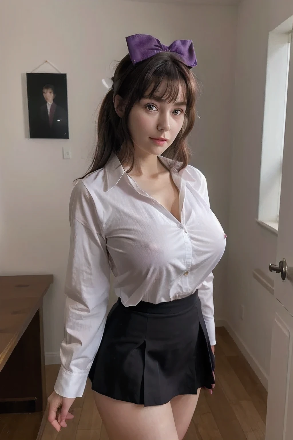 ​masterpiece, top-quality, hight resolution, 1girl in, A dark-haired, a purple eye, Very big breasts, Hair Bow, a short skirt, white  shirt,