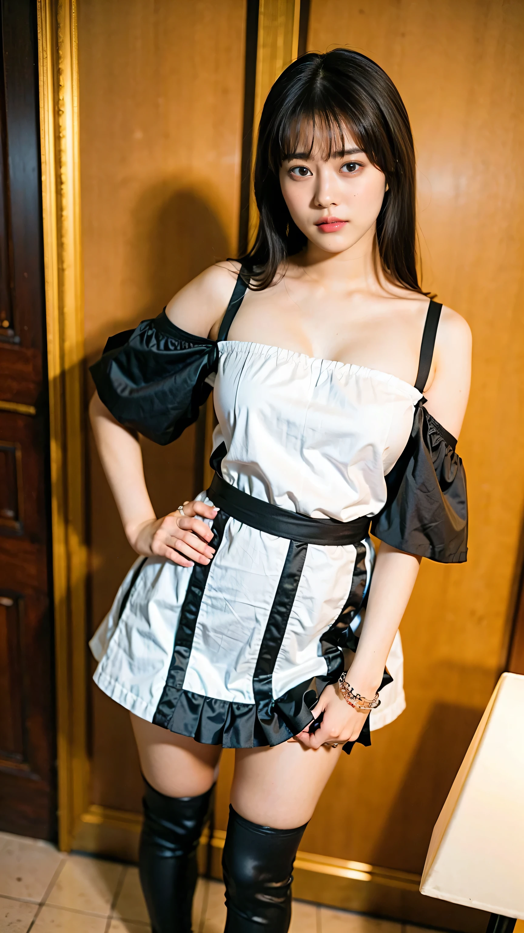 (8k、RAW Photos、highest quality、masterpiece:1.2)、(Realistic、Realistic)、1 girl、((black and white mini skirt、dress、Arm Covers、slit、Off the shoulder、Frills、Ribbon on chest、Large Breasts、See-through、stage、Spotlight、View from the front、boots、Standing with hands on hips))、