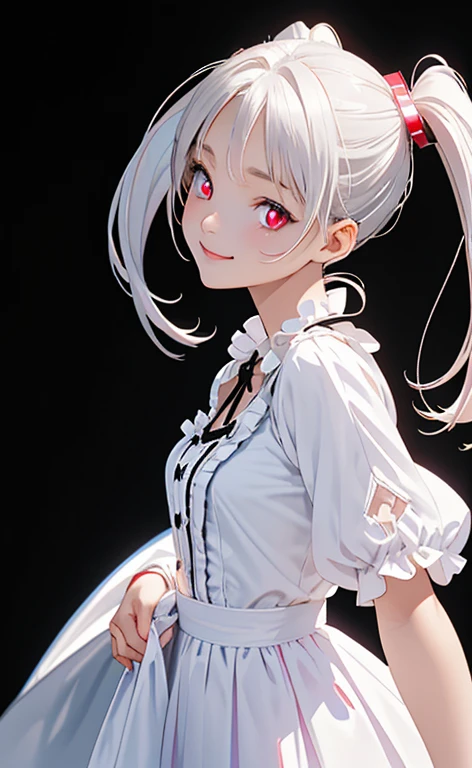 (Photorealistic:1.4)、asuna,(masterpiece、lens flare:1.5、spot light:1.2、Exquisite beautiful eyeonochrome:1.5,portlate、)、Cute Face、 3D Face、(pearl white hair:1.5、Straight Hair)、(twintails),(1 Girl)、(Red eyes:1.2)、(cowboy shot)、(fingersmile),()、 (Cute face:1.2),(small breasts),(),kind face,(white lace frilled shirt),(black background:1.5)、(glowing eyes:1.3)、()、 Neat and clean、Adorable、Slim Body(Tareme:1.5),Shiny Hair、(Glowing pink Skin)、Nijisketch,Manga,zydG