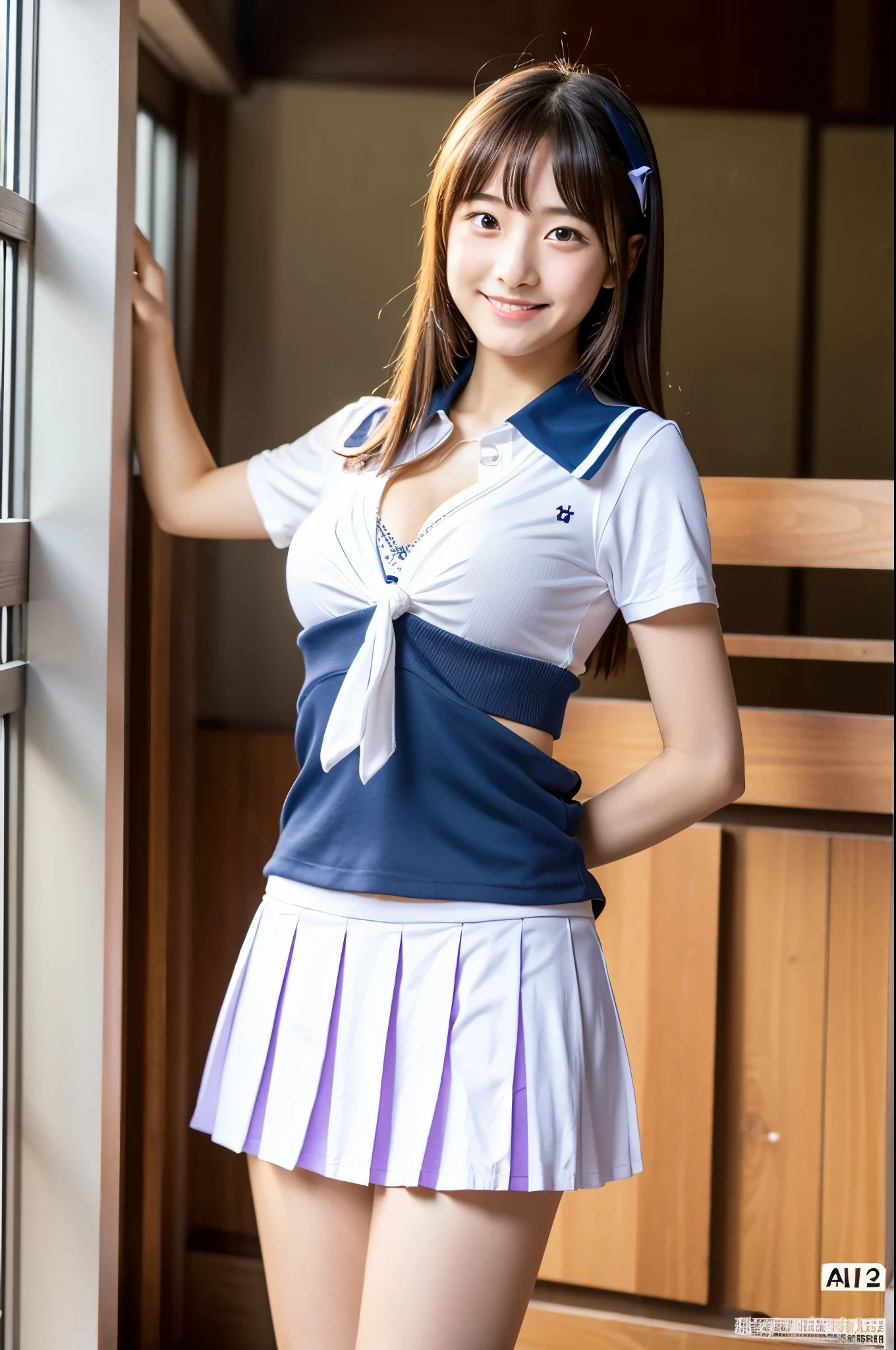 masterpiece、Ultra-high resolution、well done!、((Lift your skirt with both hands to show your panties)),(((White panties are visible)),She has a very pretty face like an idol.、A 20-year-old Japanese girl with cute features、A kind smile、She is in school、Cheerleading Team、Cheerleader uniforms are bikini style and expose cleavage.、Medium bust full body、RAW Photos、Genuine、realism、Real Stick、Raw photo