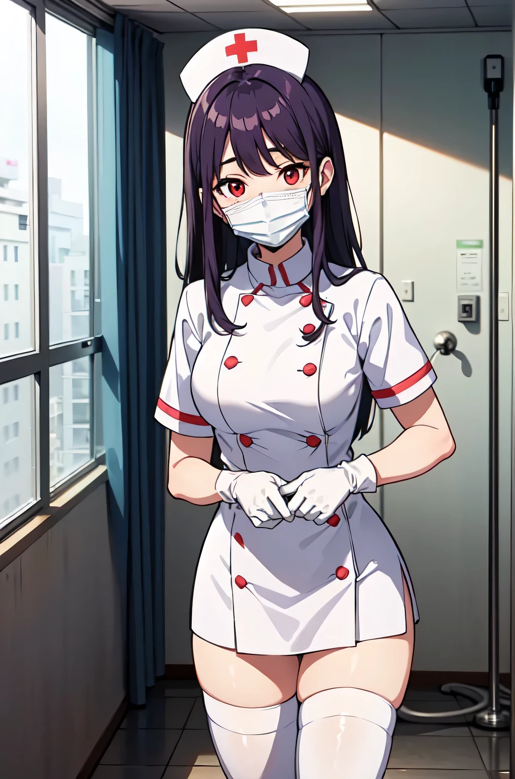 1woman, solo, nurse, white nurse cap, white nurse uniform, ((white legwear, zettai ryouiki)), white gloves, long hair, purple hair, red eyes, ((white surgical mask, covered nose)), standing, ((hospital room)), sharp outline, short sleeves, mature female, 35 years old, best quality, masterpiece