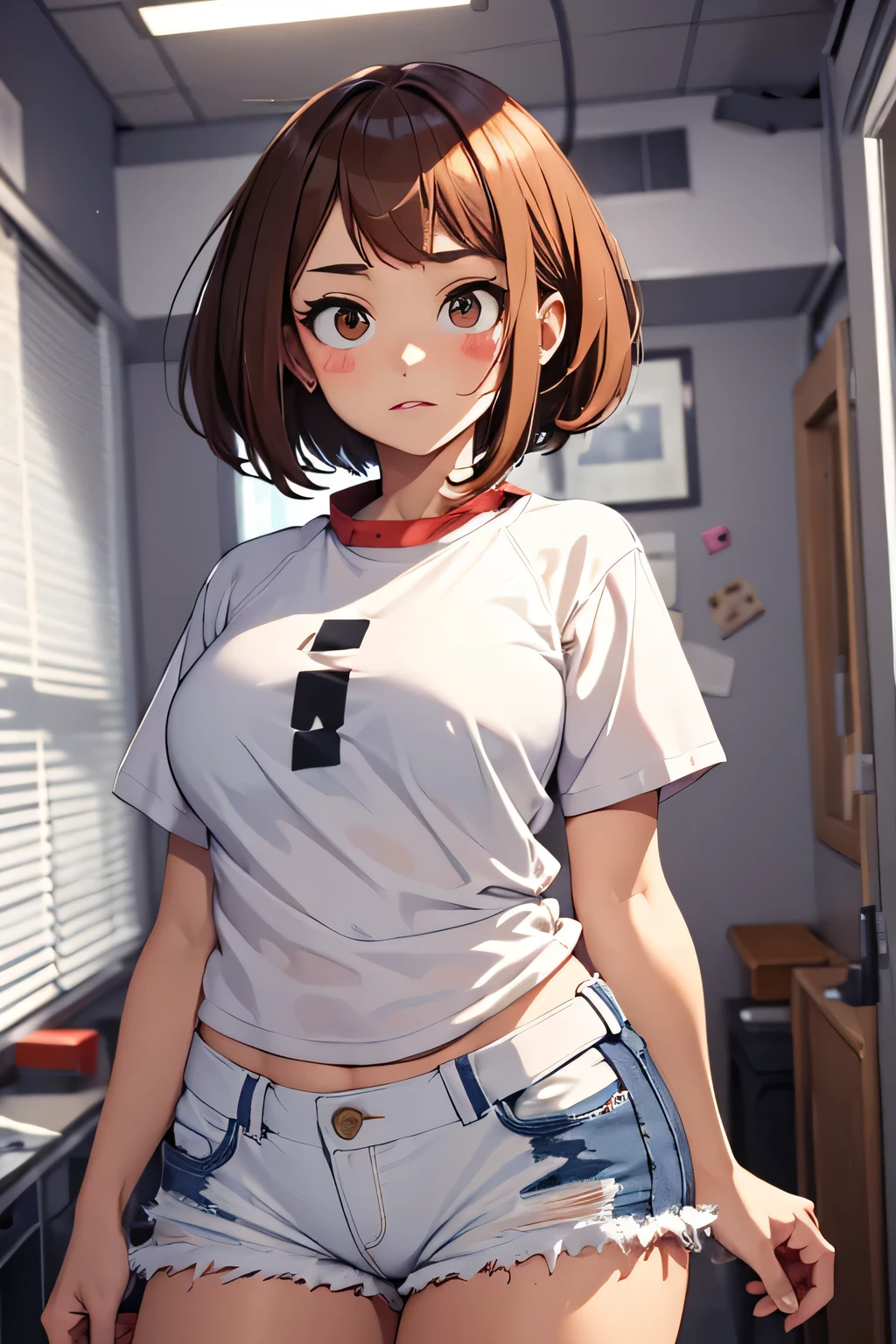 masterpiece, best quality, highres, hmochako, blush stickers, short hair, medium breasts.  oversized white t-shirt, black short shorts, cowboy shot, indoors, bedroom, plump body