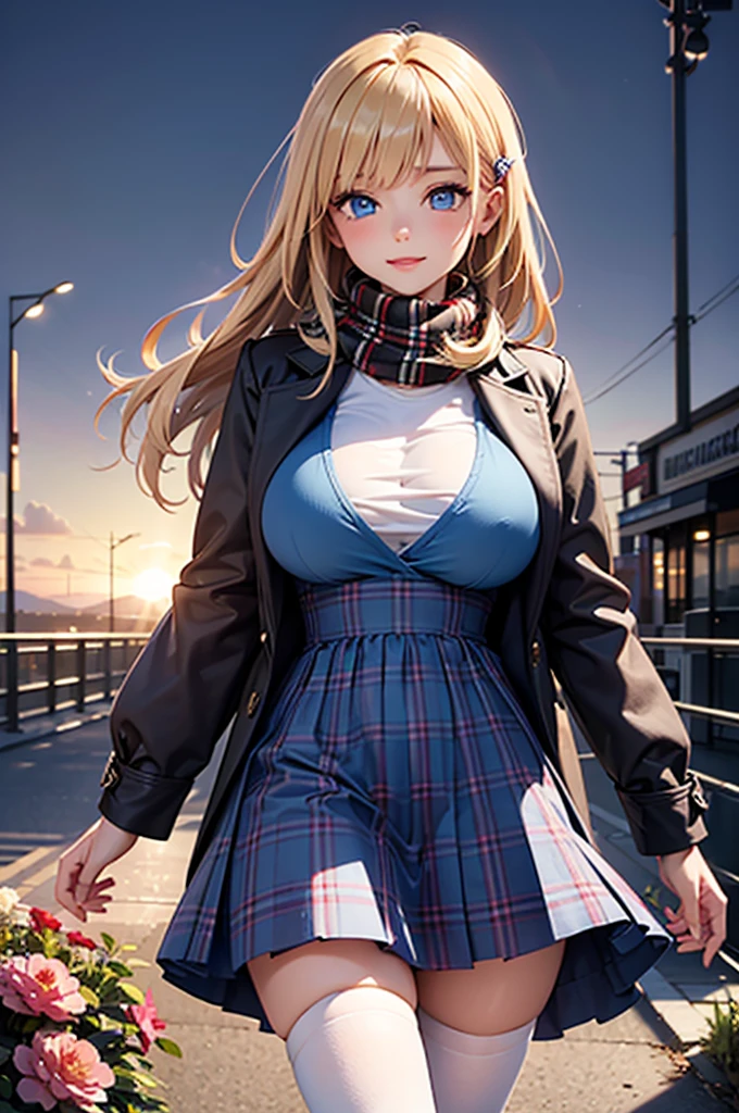 (masterpiece),(top-quality:1.2),1girl in,(masuter piece:1.3),exquisitedetails, Highest quality 8K resolution, Ultra-detailed, Realistic, Vibrant colors, Soft tones, With warm and gentle lighting,(Beautiful plaid scarf:1.3),(Preet Pink Ruffled Ribbon Dress,) (Brown long coat:1.2) early evening,Big sunset,(Smooth straight blonde hair:1.2),(Hair parted in the middle:1.3),(Glowing hair),(Dark blue eyes:1.3),White skin, hair clips,Overflowing soft and gentle feelings,(The promenade is full of flowers),The sun's rays illuminate joy and pure love, Warm golden glow,The atmosphere is full of happiness and laughter, As if celebrating love,Sticking to ultra-detailed depictions and vivid colors. In a style that blends romanticism and realism、You can feel the depth of love,color palettes,Create an ethereal atmosphere like a dream,and the lighting is soft and diffused, Shine a gentle light on your face,The artwork is a masterpiece,(large breast:1.4)、zettai ryouiki、pussy:1.5