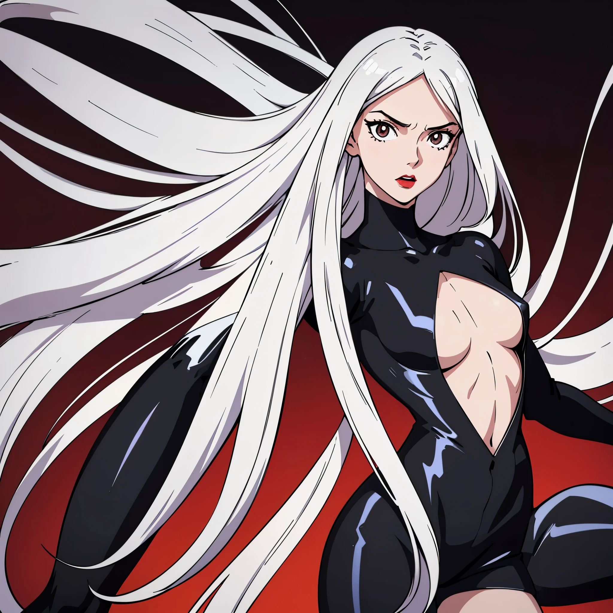 digital art drawing, illustration of (woman, long white hair mid part, brown eyes, sexy facial expression, black clothes, deep v neck body suit, black shorts, flat chest, red lips, cyberpunk, plain red background), anime drawing/art, bold linework, illustration, digital art, masterpiece, flat illustration, no shadows, 8k resolution, high detail, vector art, only anime, perfect eyes, perfect hands, perfect fingers, sharpness, high clarity, medium shot, high fidelity