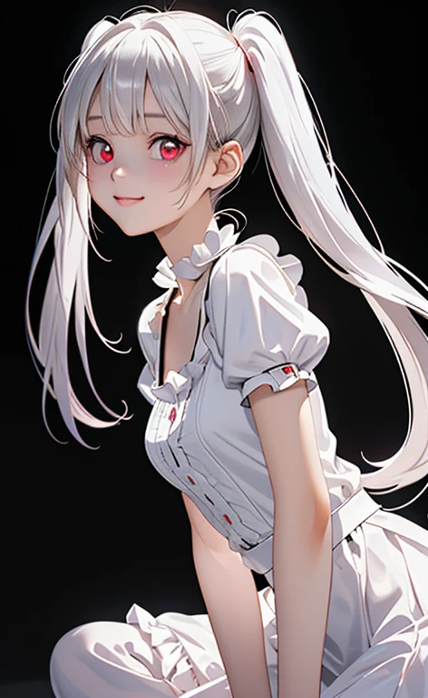 (Photorealistic:1.4)、asuna,(masterpiece、lens flare:1.5、spot light:1.2、Exquisite beautiful eyeonochrome:1.5,portlate、)、Cute Face、 3D Face、(pearl white hair:1.5、Straight Hair)、(twintails),(1 Girl)、(Red eyes:1.2)、(cowboy shot)、(fingersmile),()、 (Cute face:1.2),(small breasts),(),kind face,(white lace frilled shirt),(black background:1.5)、(glowing eyes:1.3)、()、 Neat and clean、Adorable、Slim Body(Tareme:1.5),Shiny Hair、(Glowing pink Skin)、Nijisketch,Manga,zydG