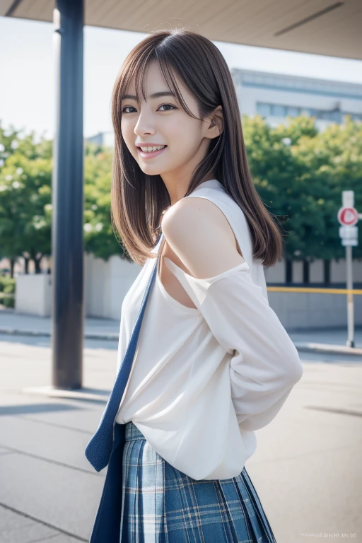 High resolution, RAW Photos, Realisticな, Very delicate and beautiful, Very detailed, In detail, Very detailed CG unity 8k wallpaper, Very detailed, (highest quality, 8k, 32k, masterpiece, 超High resolution:1.2), cute japanese model pictures, JK , blue plaid pleated skirt, tie, Brown cardigan, Beautiful and elaborate face, clear, beautiful, Narrow eyes, Delicate figures, expensive, skinny, Medium Straight Hair, Upper teeth, Outdoor, Walking on the station platform, Surreal, Real life anime girls, Looking back from the side,Live Action、Skin sensation、Realistic、Sparkling eyes、The best high school girl、Smile、live-action、Real、Genuine、Tear bags、Long eyelashes、Sailor suit、Narrow shoulders、