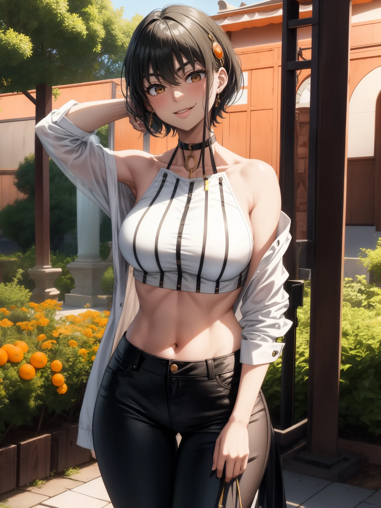 Score_9、score_8_up、anya (yellowboom)、Dark Skin、Brown eyes、Thick eyebrows、Very short hair、Brown Hair、Tomboy、1 girl、Black choker、Large Breasts、Wide hips、Thick thighs、solo、smile、Closed Mouth、Licking your lips、Half-closed eyes、Orange crop top、No sleeve、(Underbust)、abdomen、thin navel、Black jeans、Are standing、Orange sky、garden、Gazing at the audience、Cowboy Shots