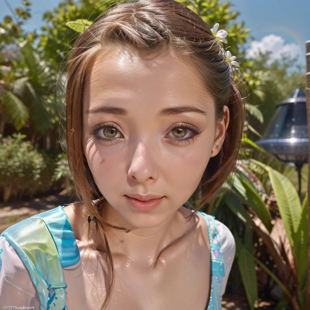 a woman grasshopper(age 25) with bright colored wings, rainbow chromatic compound eyes, some hard chitinous plates, minimal clothing, admiring flowers, UFO nearby, sunny, detailed face, highly detailed, 8k, photorealistic, cinematic lighting, vibrant colors, intricate details, magical realism, science fiction, fantasy portrait
