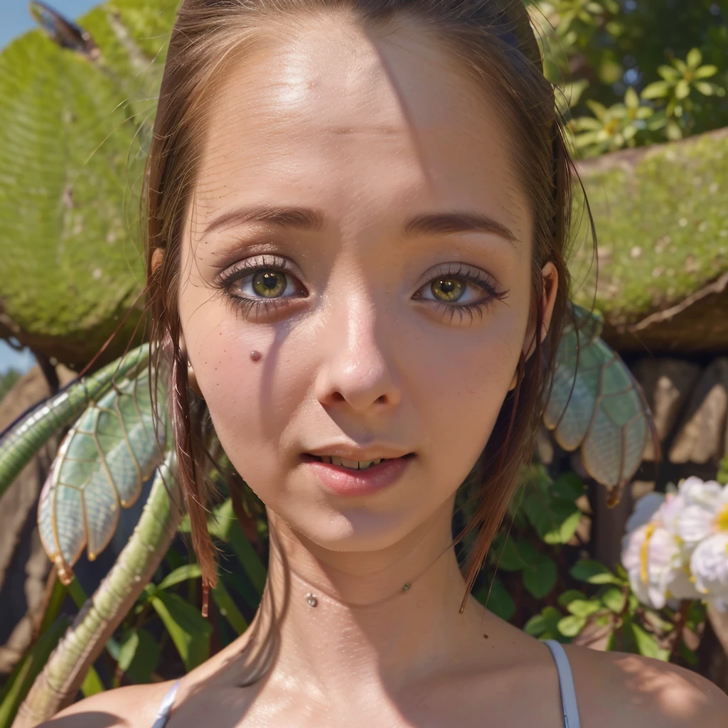 a woman grasshopper(age 25) with bright colored wings, rainbow chromatic compound eyes, some hard chitinous plates, minimal clothing, admiring flowers, UFO nearby, sunny, detailed face, highly detailed, 8k, photorealistic, cinematic lighting, vibrant colors, intricate details, magical realism, science fiction, fantasy portrait