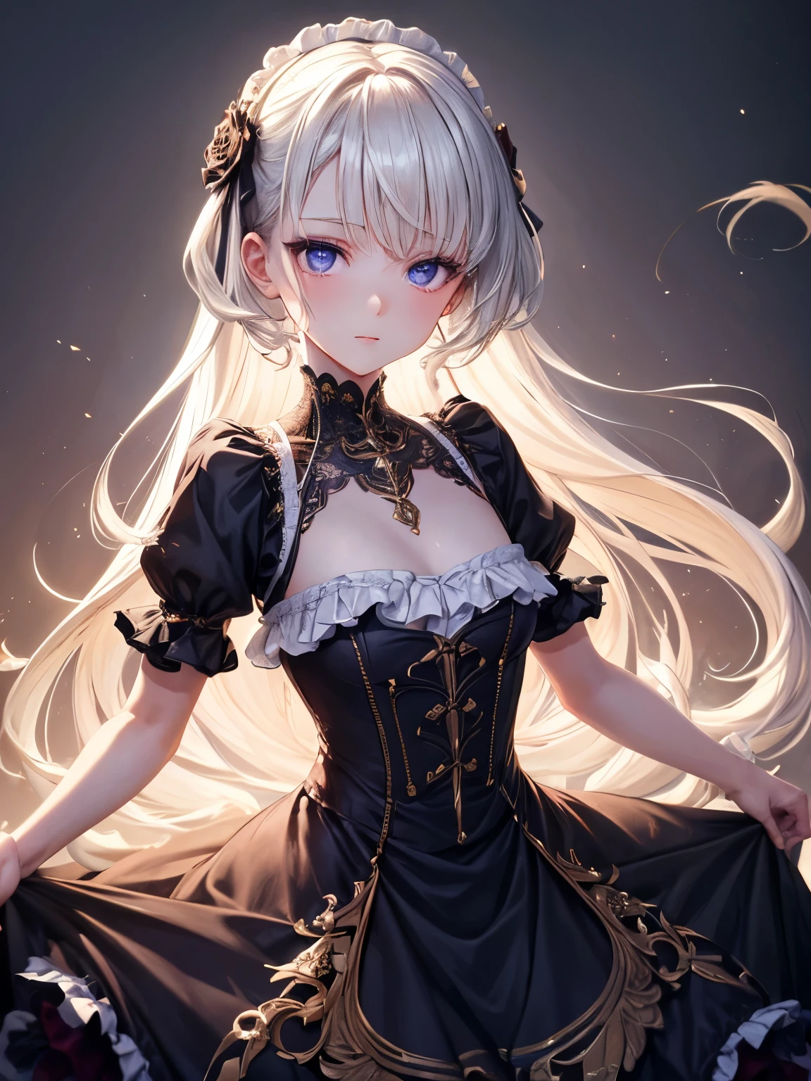 (high quality,masterpiece,4k,8k,16k),cute girl,bust,medium chest,lolita dress,smooth skin,silky hair,vibrant colors,dreamy lighting,shiny girden,subtle details,intense gaze,revealing expression,porcelain-like complexion,graceful pose,gentle atmosphere,pure innocence,natural beauty,sublime aesthetics