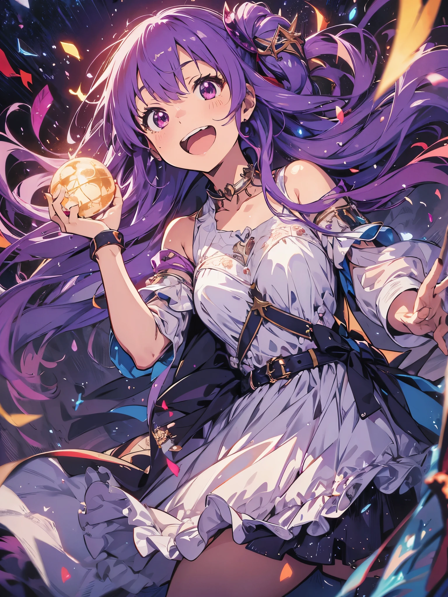 Circular Magic Circle　A girl laughing evilly, Beautiful and fine details, Long purple hair, Pale red eyes, Original Costume,Princess Dress,Glowing Skin, resolution, (Anime Style:1.6)High Contrast, ((Mastepiece, highest quality))Purple and Orange, Intricate details, Volumetric Lighting, Realism Break (Mastepiece: 1.2)8K, Super detailed　Puffing out chest
