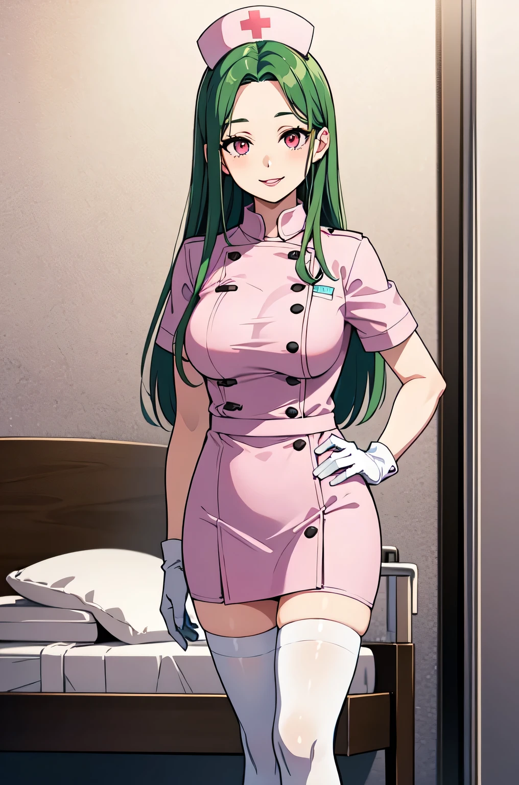 1woman, solo, nurse, white nurse cap, white nurse uniform, ((white legwear, zettai ryouiki)), white gloves, forehead, long hair, green hair, pink eyes, pink lips, smile, standing, ((hospital room)), sharp outline, short sleeves, mature female, 35 years old, best quality, masterpiece