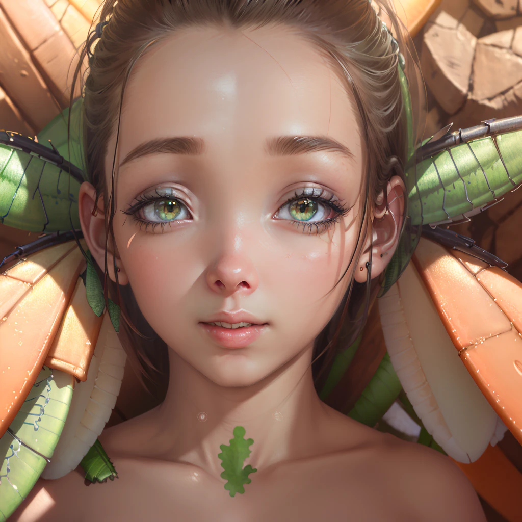 A woman grasshopper(age 25),green body with bright colored wings,rainbow chromatic compound eyes,hard chitinous plates,minimal clothing,admiring flowers,UFO nearby,sunny landscape,detailed face,detailed eyes,detailed lips,beautiful detailed features,highly detailed,realistic,photorealistic,4k,8k,highres,masterpiece,ultra-detailed,vivid colors,studio lighting,sharp focus,physically-based rendering