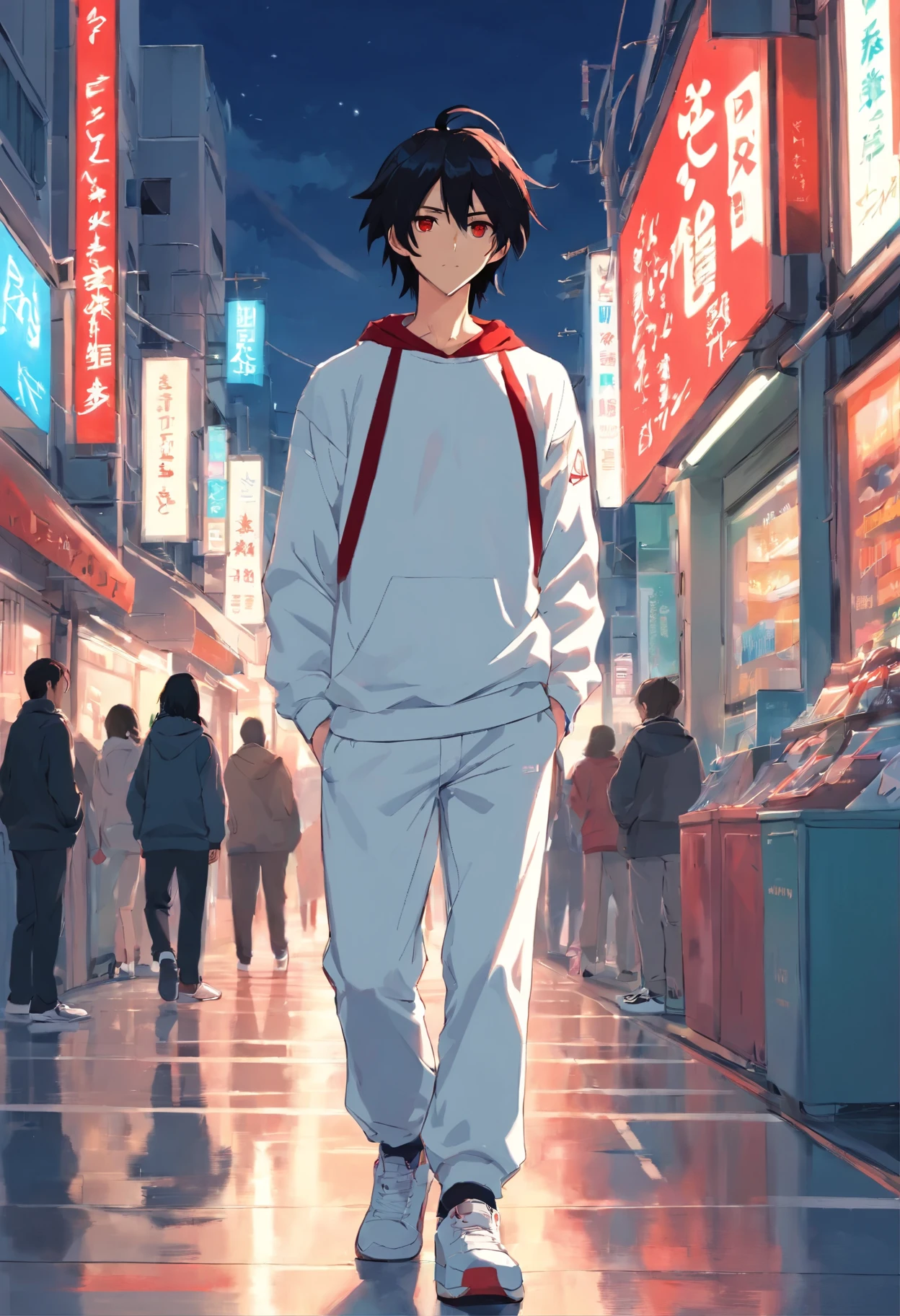 A tall guy, long black hair, long ears, red-eyes, white sweatshirt, White pants, Black sneakers.