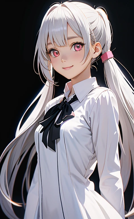 (Photorealistic:1.4)、asuna,(masterpiece、lens flare:1.5、spot light:1.2、Exquisite beautiful eyeonochrome:1.5,portlate、)、Cute Face、 3D Face、(pearl white hair:1.5、Straight Hair)、(twintails),(1 Girl)、(Red eyes:1.2)、(cowboy shot)、(fingersmile),()、 (Cute face:1.2),(small breasts),(),kind face,(white lace frilled shirt),(black background:1.5)、(glowing eyes:1.3)、()、 Neat and clean、Adorable、Slim Body(Tareme:1.5),Shiny Hair、(Glowing pink Skin)、Nijisketch,Manga,zydG