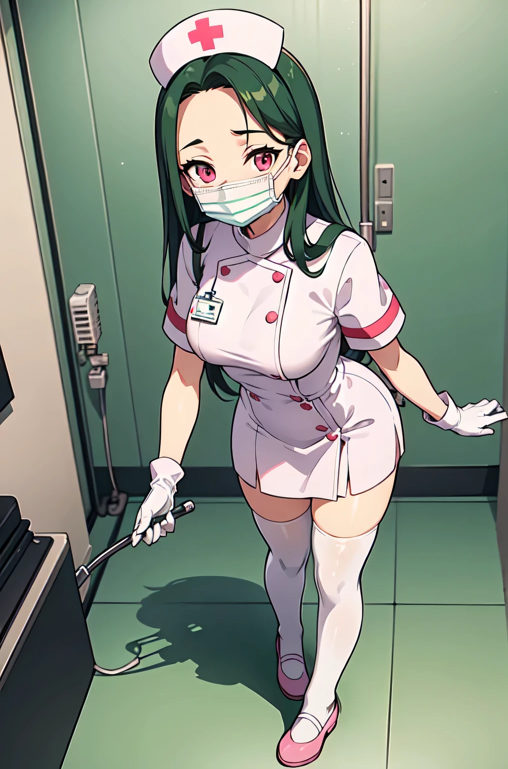 1woman, solo, nurse, white nurse cap, white nurse uniform, ((white legwear, zettai ryouiki)), white gloves, forehead, long hair, green hair, pink eyes, ((white surgical mask, covered nose)), standing, ((hospital room)), sharp outline, short sleeves, female, 35 years old, best quality, masterpiece