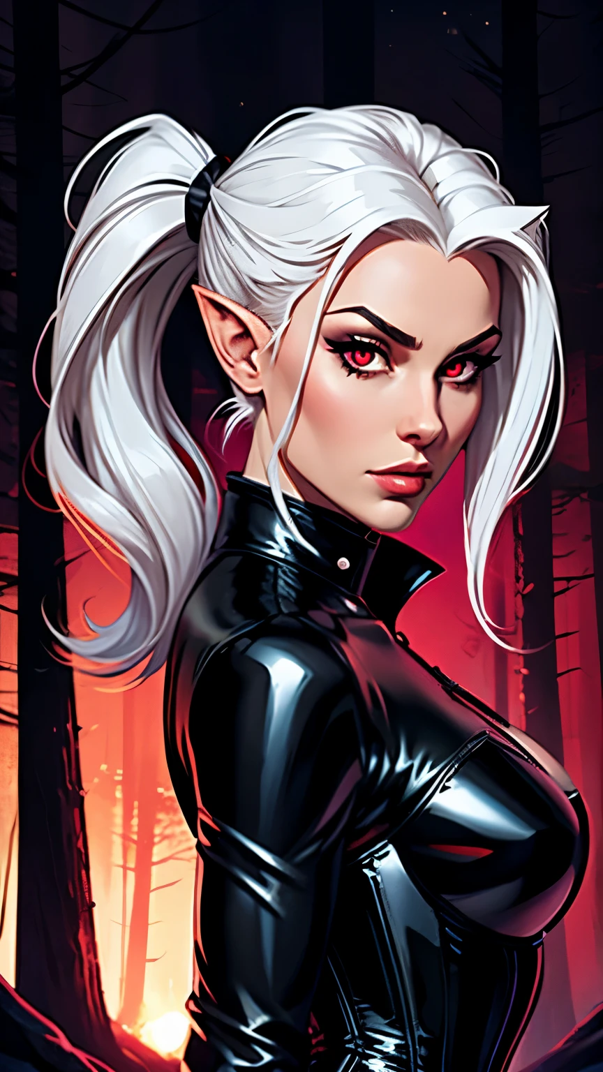 Portrait of a beautiful girl, dumper, White hair, ponytail hairstyle, Red eyes, predatory look, pointy ears, tight all black leather jumpsuit armor with spikes, with leather straps, corset against the background of the night forest
