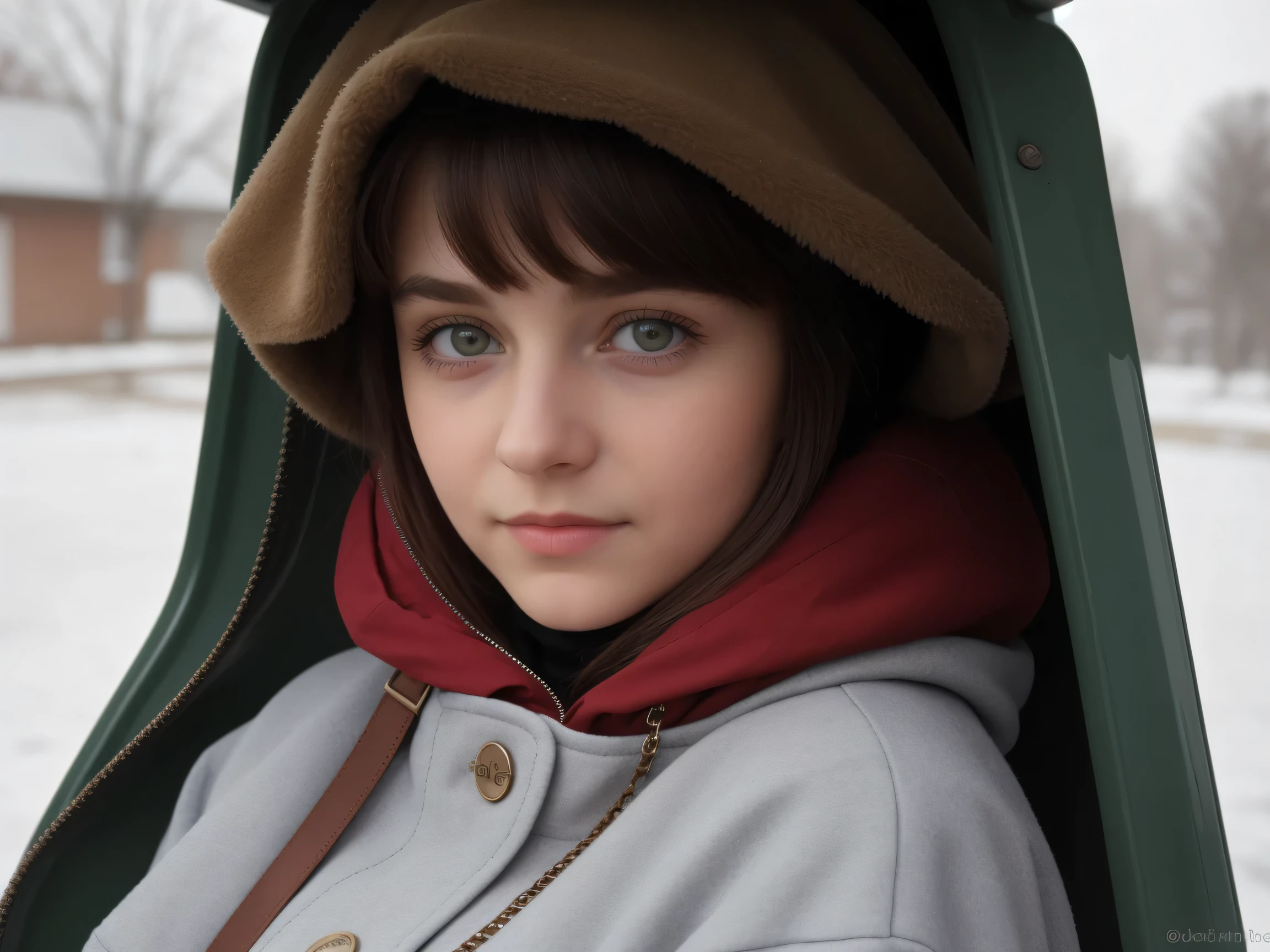 ((close up high definition))) beautiful 10 year old Bosnian girl, green eyes, red lipstick, facing the viewer, short dark brown hair, sitting at the bus stop, raining, winter coat, snowing, morning sun reflections, perfect makeup, poverty theme, full body theme, short skirt, pantyhose