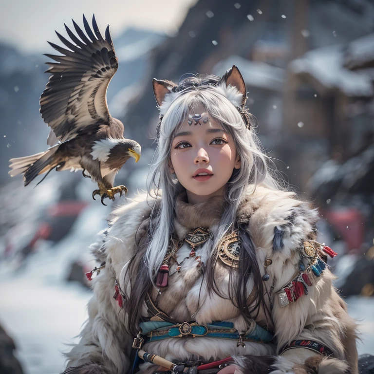Hiding in the snowy mountains、Hair flow、 ((highest quality、masterpiece、8k、Best image quality、Ultra-high resolution、Award-winning works)、(Accurate anatomy:1.1)、(Look at me and smile:1.1)、Shining fair skin with Ultra-high resolution、The most detailed face、Ultra-high resolution detailed face、Ultra-high resolutionの髪の毛、(Ultra-high resolutionの煌めく瞳:1.1)、Beautiful face drawn in every detail、(Blurred Background:1.1)、Ancient Inuit clothing, Chest to chest, tattoo, Old ruins in the background、Apart from the real giant eagle