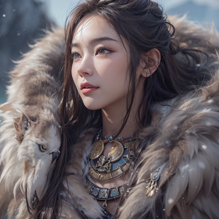 Hiding in the snowy mountains、Hair flow、 ((highest quality、masterpiece、8k、Best image quality、Ultra-high resolution、Award-winning works)、(Accurate anatomy:1.1)、(Look at me and smile:1.1)、Shining fair skin with Ultra-high resolution、The most detailed face、Ultra-high resolution detailed face、Ultra-high resolutionの髪の毛、(Ultra-high resolutionの煌めく瞳:1.1)、Beautiful face drawn in every detail、(Blurred Background:1.1)、Ancient Inuit clothing, Chest to chest, tattoo, Old ruins in the background、Apart from the real giant eagle