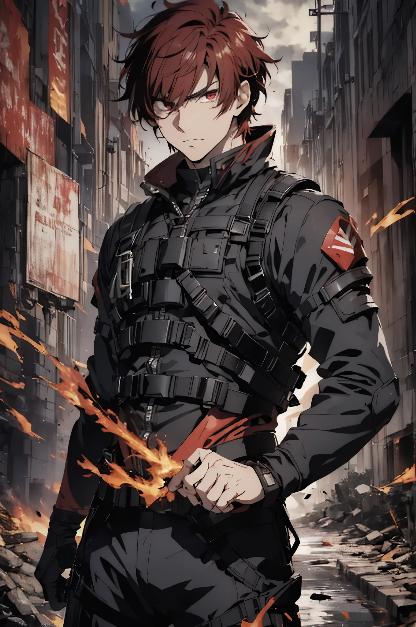 (absurdres, highres, ultra detailed), masterpiece, best quality, a man in a black outfit, red hair, battojutsu stance, solo, handsome, finely eye, detailed face, short hair, vibrant red eye, ruined city, dark background, from below, look down, cowboy shot, swirl, vortex, spark