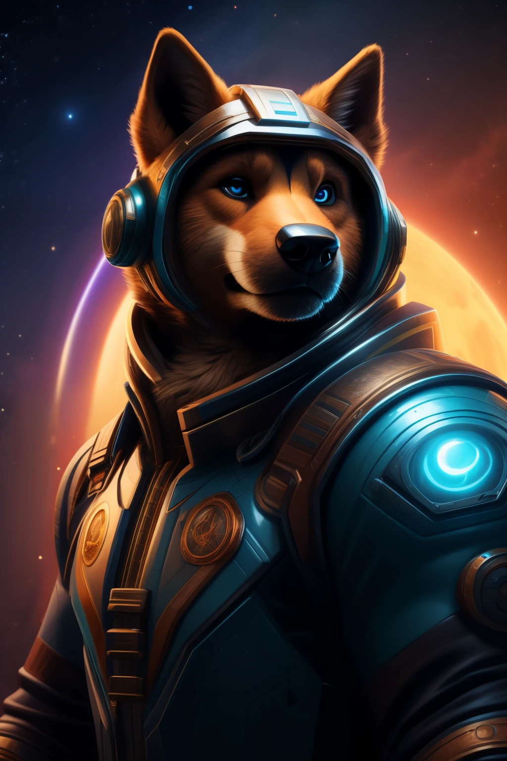 A mesmerizing, retrofuturistic portrait of a dog adorned in a miniature astro suit graces the canvas, set against a backdrop of captivating space graphics. This meticulously crafted, high-resolution masterpiece, featuring a close-up of the subject's expressive eyes, is a testament to the combined artistry of renowned digital artists such as wlop, dan mumford, artgerm, liam brazier, and peter mohrbacher. Consisting of 8k raw details, this cinematic piece, rendered using Octane, exhibits an unparalleled level of elegance and intricacy. This ultra-