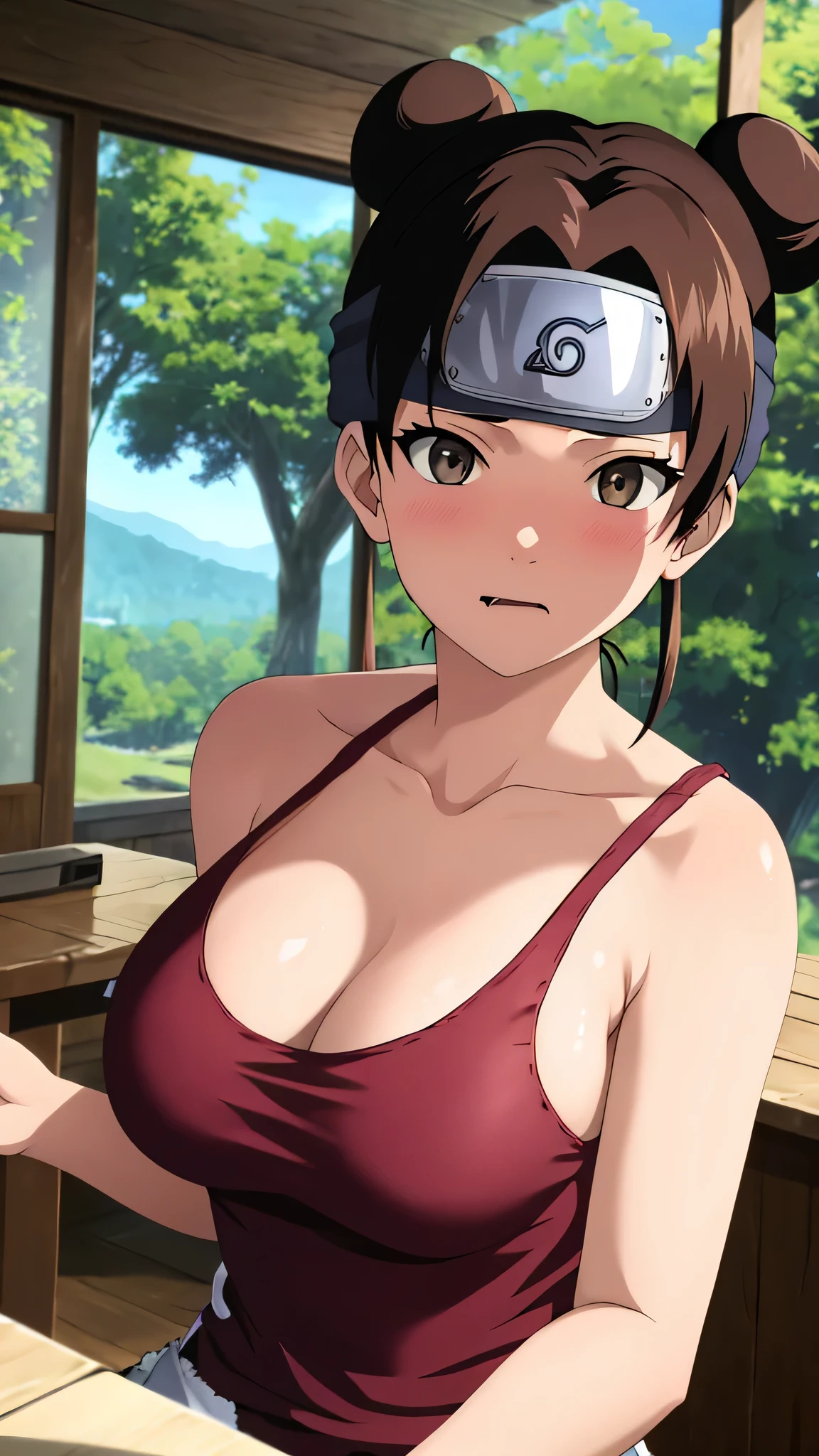 masterpiece、Absurd、(Intricate details)、(colorful)、Cinema Lighting、Bust Shot、Highly detailed CG Unity 8k wallpaper、Anime Women、solo、A woman with very large breasts、Big Breasts、Forehead protector、Symbol of Konohagakure、head band、looking at viewer、Poolside、(Tank top)、Skintight Tank top、Tank topとジーンズのみ、men's tank top、Ripped jeans、Are standing、(Blushing)、Cleavage、(Open your mouth wide)、