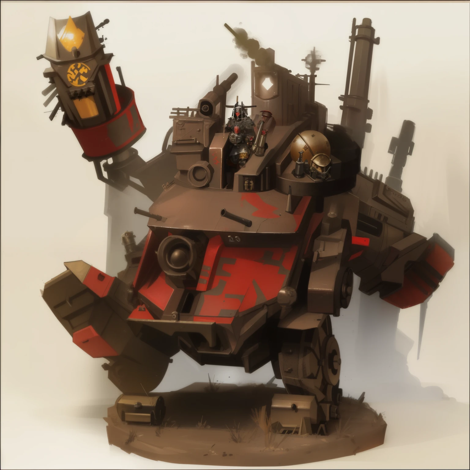 a close up of a toy warhammer with a tank and a machine gun, adeptus mechanicus!!!, adeptus mechanicus!, ork, adeptus mechanicus, warhammer style, warhammer model, an ork, massive cannon mounted on back, kitbash, 4 0 k warhammer, heavy under paint, warhammer 40k style, heavily armoured