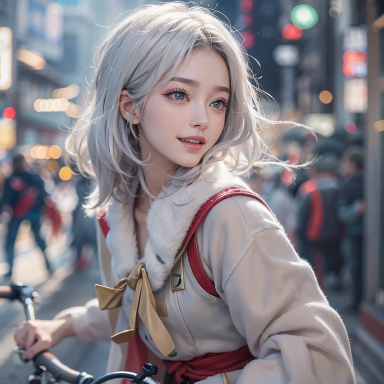 (masterpiece:1.3), (8k, Realistic, RAW Photos, Best image quality: 1.4), Fair-skinned fairy woman、short hair、Cleavage:2.0、Highly detailed face、Attention to detail、double eyelid、Sharp focus:1.2、Beautiful woman:1.4、Silvery white hair、highest quality、masterpiece、Ultra-high resolution、(Realistic:1.4)、Highly detailed and professionally lit smiles、Loose, Light, Wear a Japan high school uniform:1.5、Red scarf、 one person、whole body,Cycling through Japanese cities、