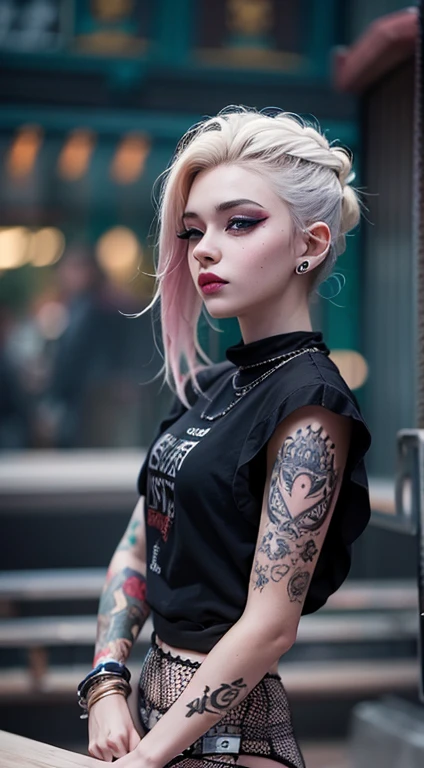 The prompt for the first theme is:。:
"(highest quality, 8k, 32k, Tabletop:1.3), Super detailed, (Realistic:1.4), White, albino, Punk Girl, Fine grain, Upper Body, Luxurious punk hair, Edgy punk fashion, avant-garde makeup, Many piercings, A body covered in tattoos, Street background, Backlight effect, Shallow depth of field, Blurred Background"