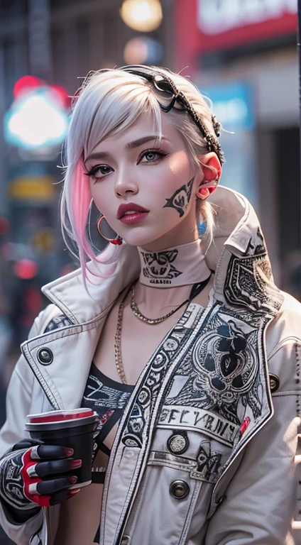 The prompt for the first theme is:。:
"(highest quality, 8k, 32k, Tabletop:1.3), Super detailed, (Realistic:1.4), White, albino, Punk Girl, Fine grain, Upper Body, Luxurious punk hair, Edgy punk fashion, avant-garde makeup, Many piercings, A body covered in tattoos, Street background, Backlight effect, Shallow depth of field, Blurred Background"