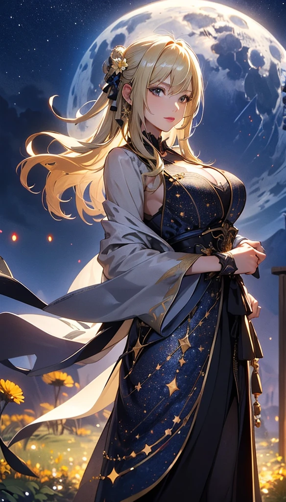 masterpiece, high quality, 4K, Beautiful design, silhouette，blonde， 非常に詳細な夜のStarry Sky,Flower Field， wonderful, Finer details,  Very knowledgeable woman, Highly detailed solo, 1 female,Big Breasts， dress，Night view，Starry Sky，full moon，
