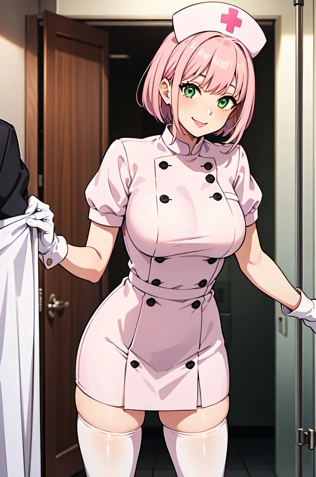 1woman, solo, nurse, white nurse cap, white nurse uniform, ((white legwear, zettai ryouiki)), white gloves, pink hair, green eyes, drooping eyes, pink lips, smile, standing, ((hospital room)), sharp outline, short sleeves, mature female, 32 years old, best quality, masterpiece