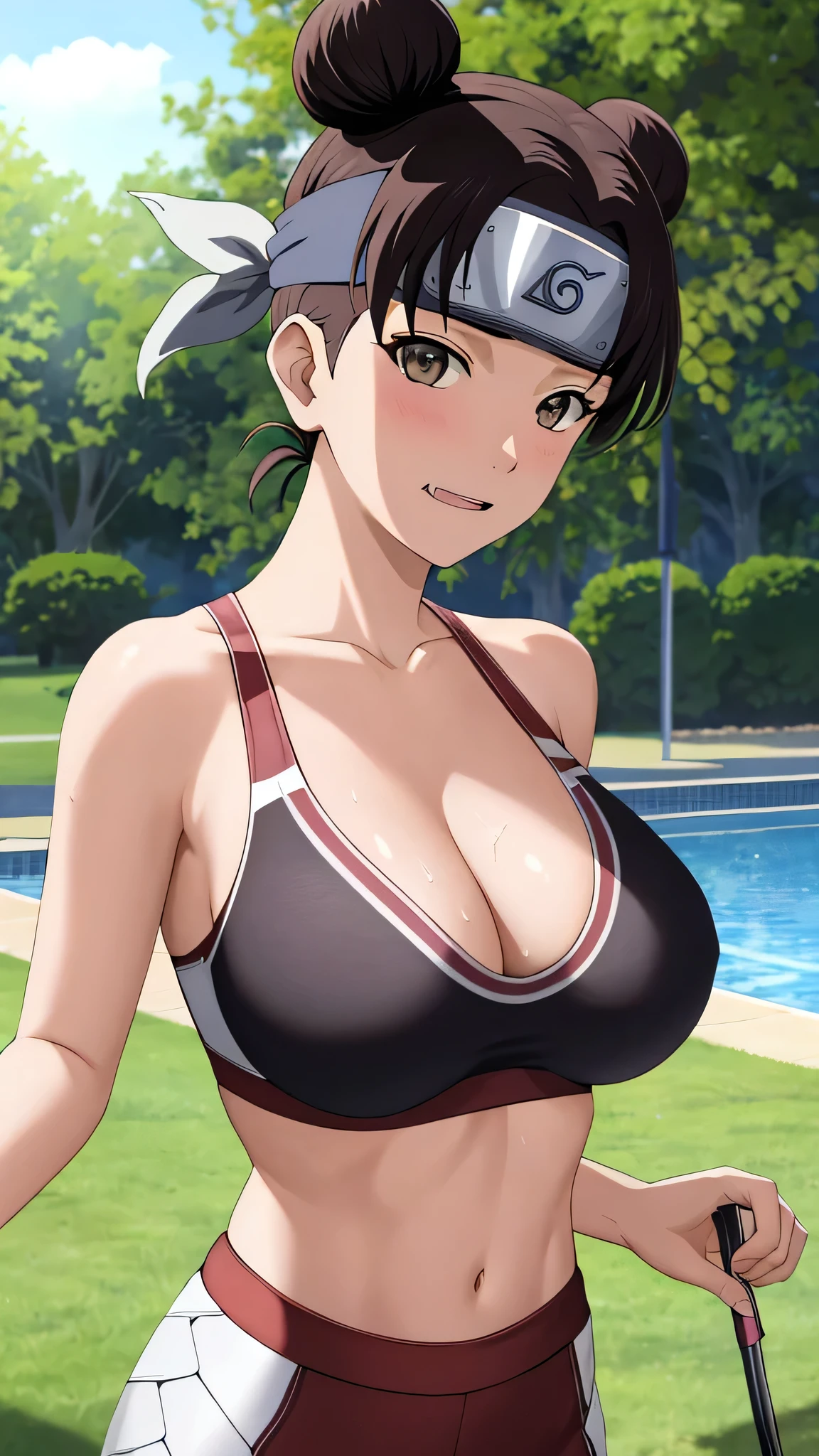masterpiece、Absurd、(Intricate details)、(colorful)、Cinema Lighting、Bust Shot、Highly detailed CG Unity 8k wallpaper、Anime Women、solo、A woman with very large 、Big Bread protector、Symbol of Konohagakure、head band、looking at viewer、Poolside、(Sports Bra)、Sports Braとジーンズのみ、navel、midriff、Are standing、(Blushing)、Cleavage、(Open youwide)、