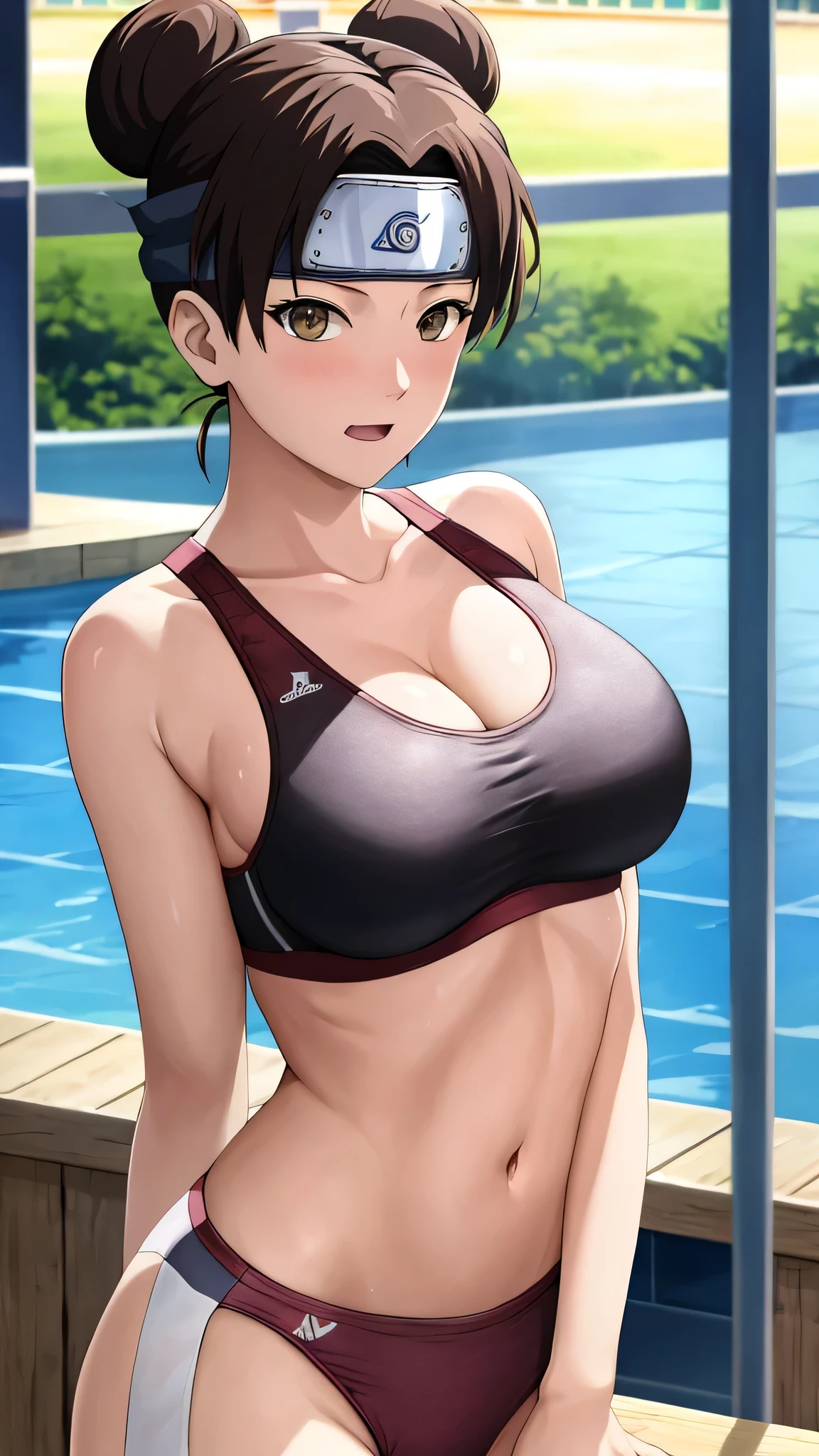 masterpiece、Absurd、(Intricate details)、(colorful)、Cinema Lighting、Bust Shot、Highly detailed CG Unity 8k wallpaper、Anime Women、solo、A woman with very large breasts、Big Breasts、Forehead protector、Symbol of Konohagakure、head band、looking at viewer、Poolside、(Sports Bra)、Sports Braとジーンズのみ、naval、midriff、Are standing、(Blushing)、Cleavage、(Open your mouth wide)、